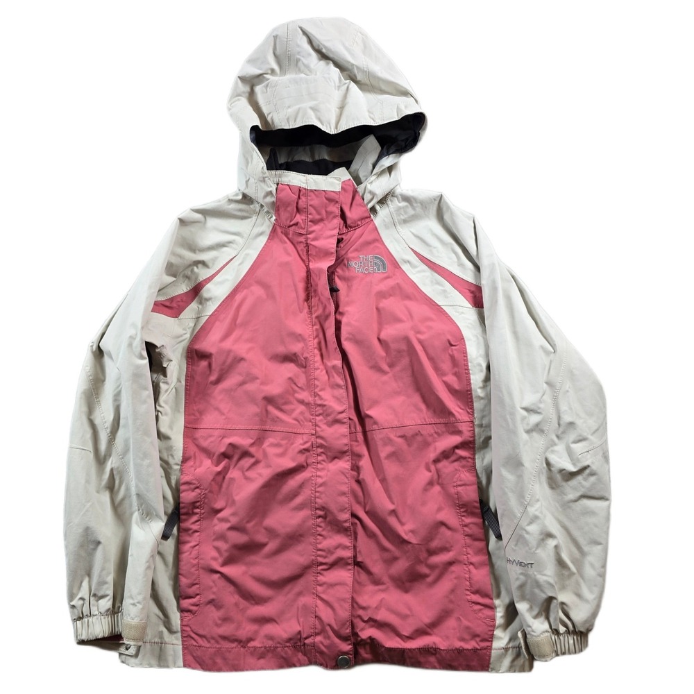 The North Face HyVent Jacket Girls Large Pink Tan Nylon Hooded Rain Wind Ski